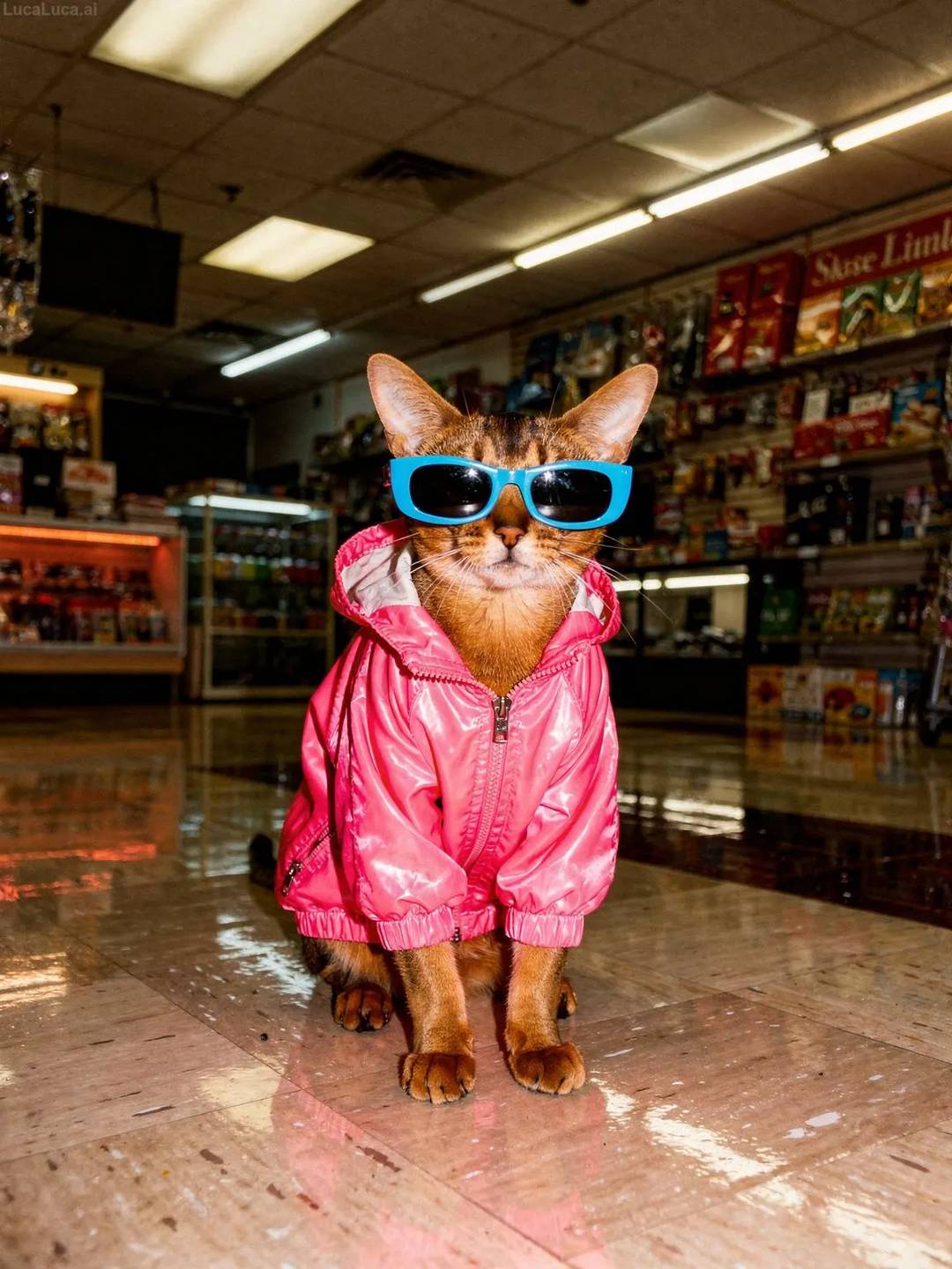 Abyssinian cat wearing a neon pink windbreaker and blue sunglasses at night