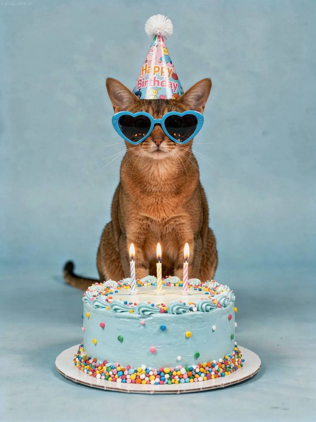 Abyssinian cat wearing blue heart sunglasses with a pastel blue birthday cake