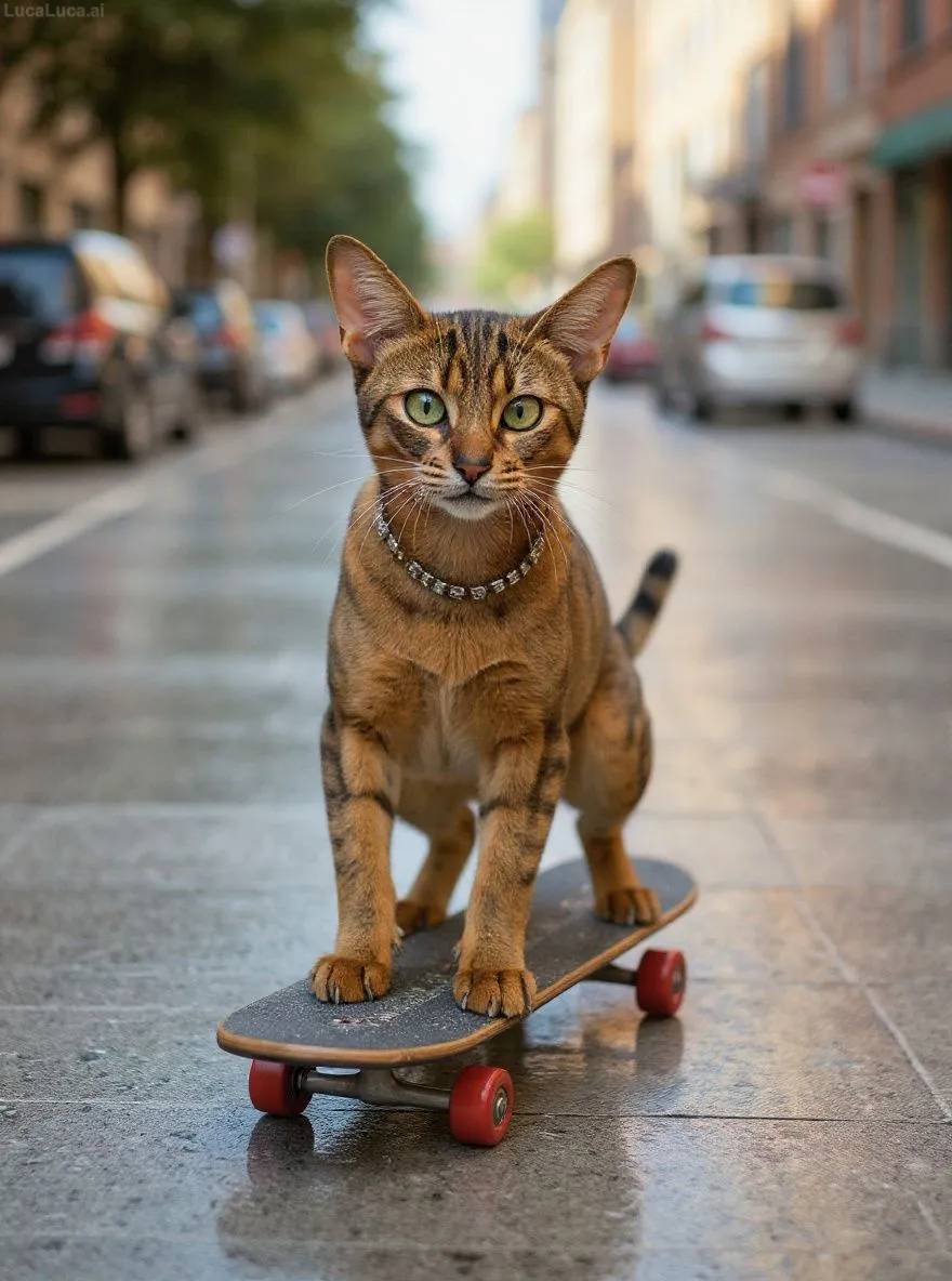 Abyssinian cat as a blinged-out skater cruising down a chrome street
