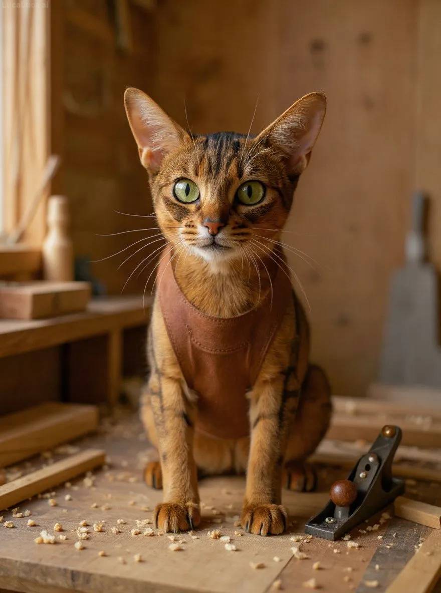 Abyssinian cat wearing a leather apron holding woodworking tools in a workshop