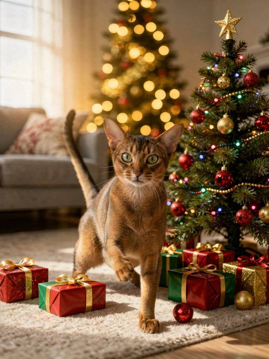 Abyssinian cat sitting beside a decorated Christmas tree with wrapped presents
