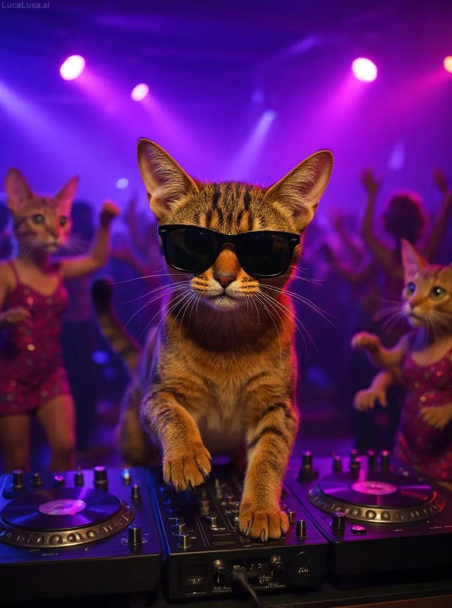 Abyssinian cat wearing sunglasses with paws on turntables at a nightclub