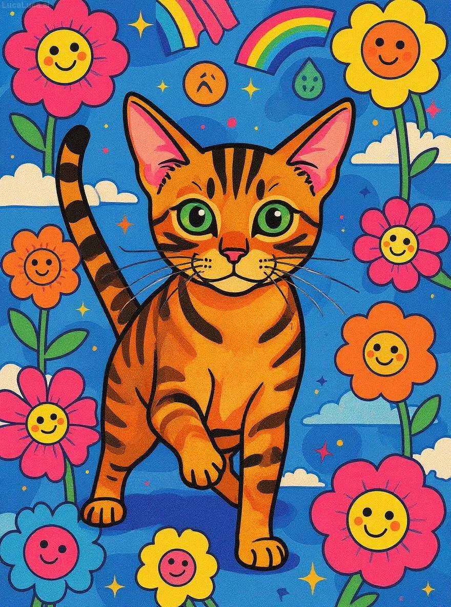Abyssinian cat in Japanese pop art style with smiling flowers and bright colors