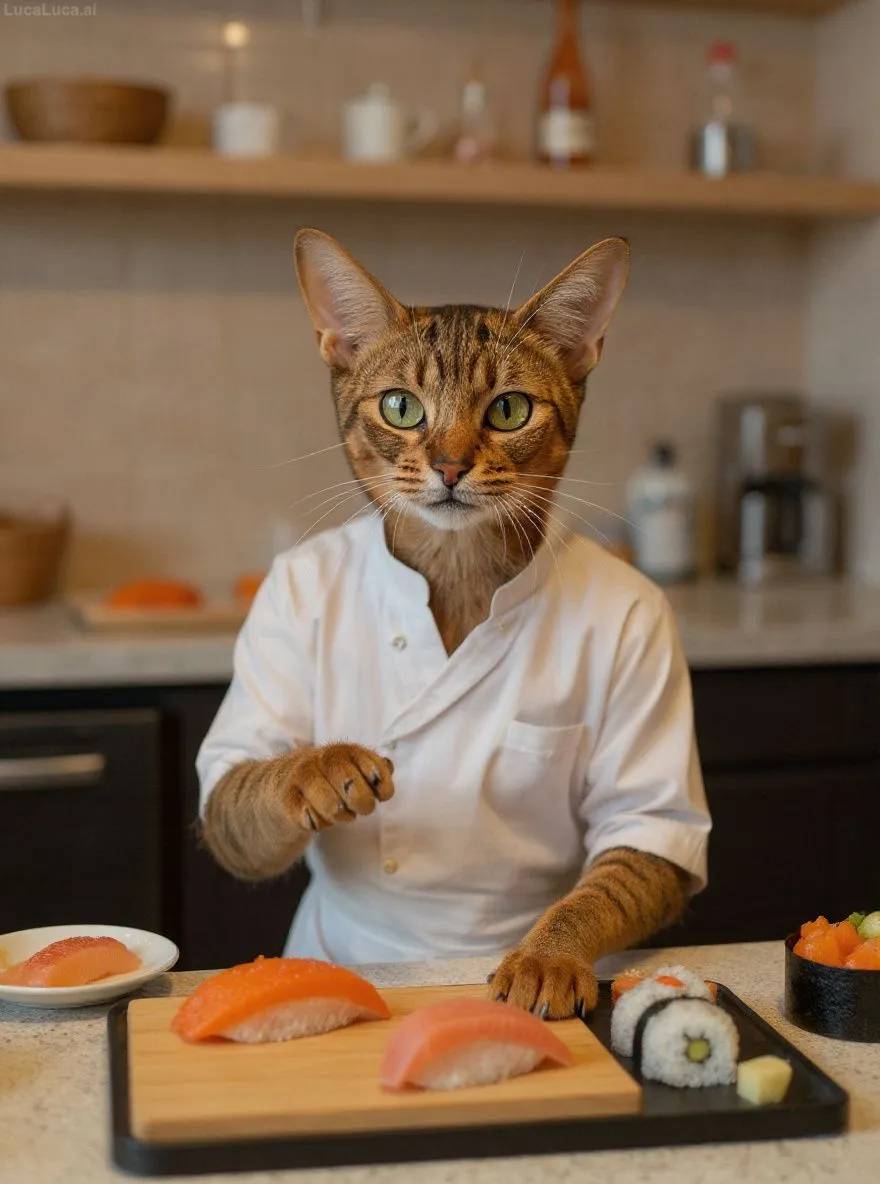 Abyssinian cat in traditional sushi chef costume behind a sushi counter