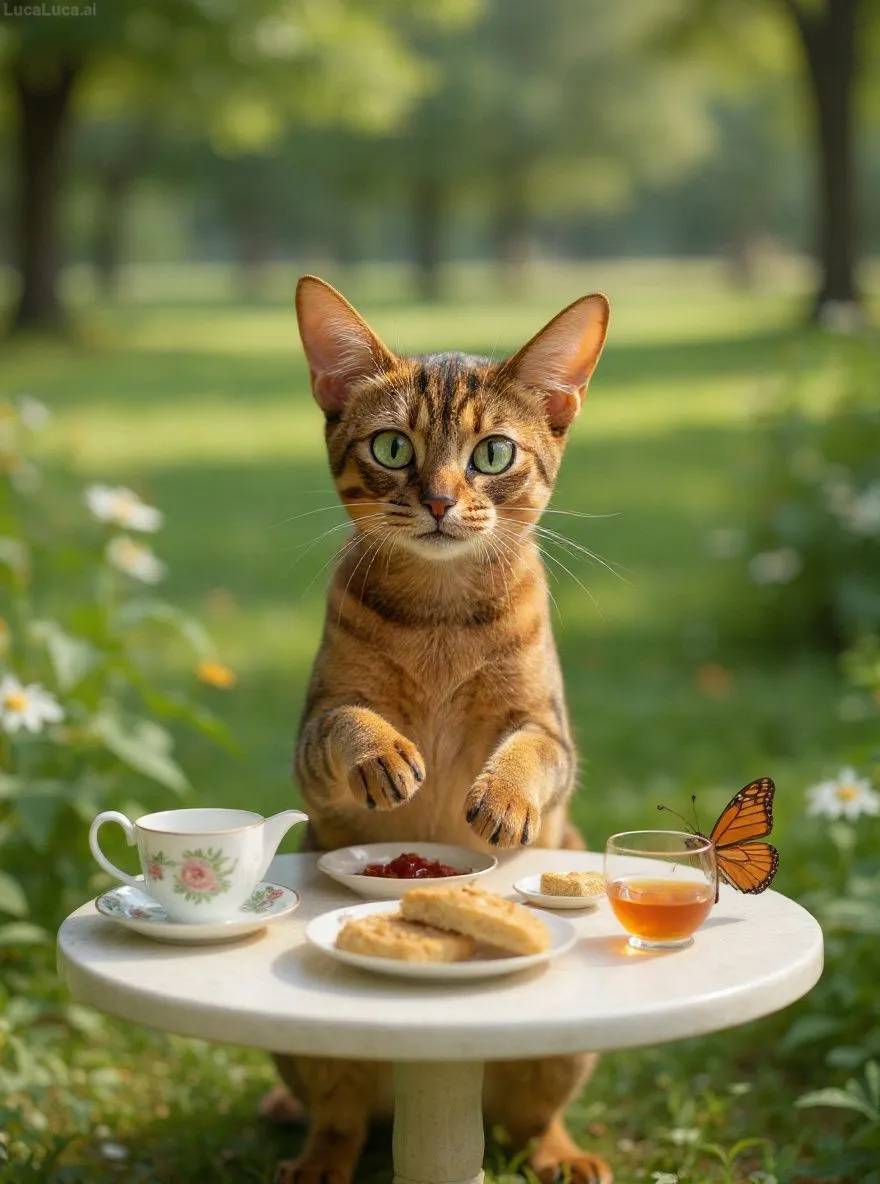 Abyssinian cat at a miniature garden table with floral china and scones