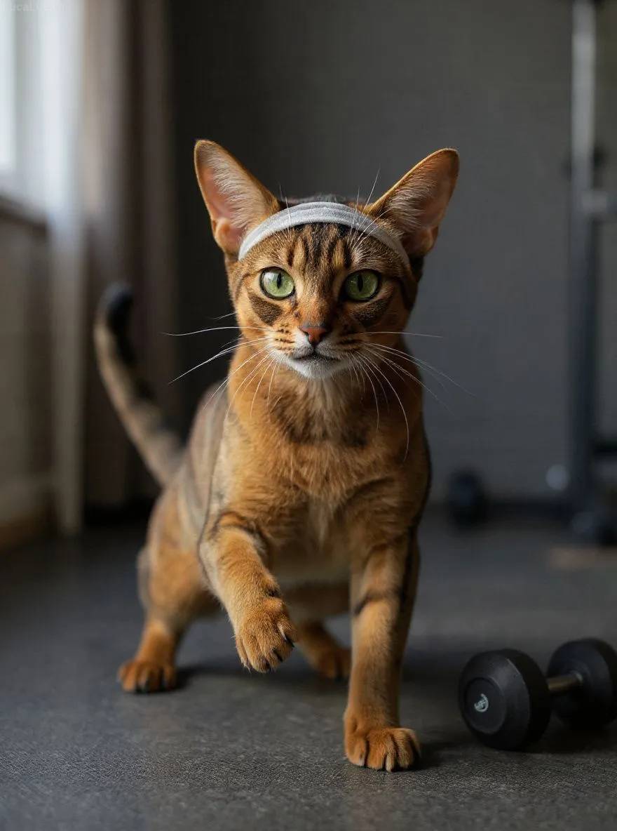 Abyssinian cat in a gym lifting dumbbells wearing a sweatband
