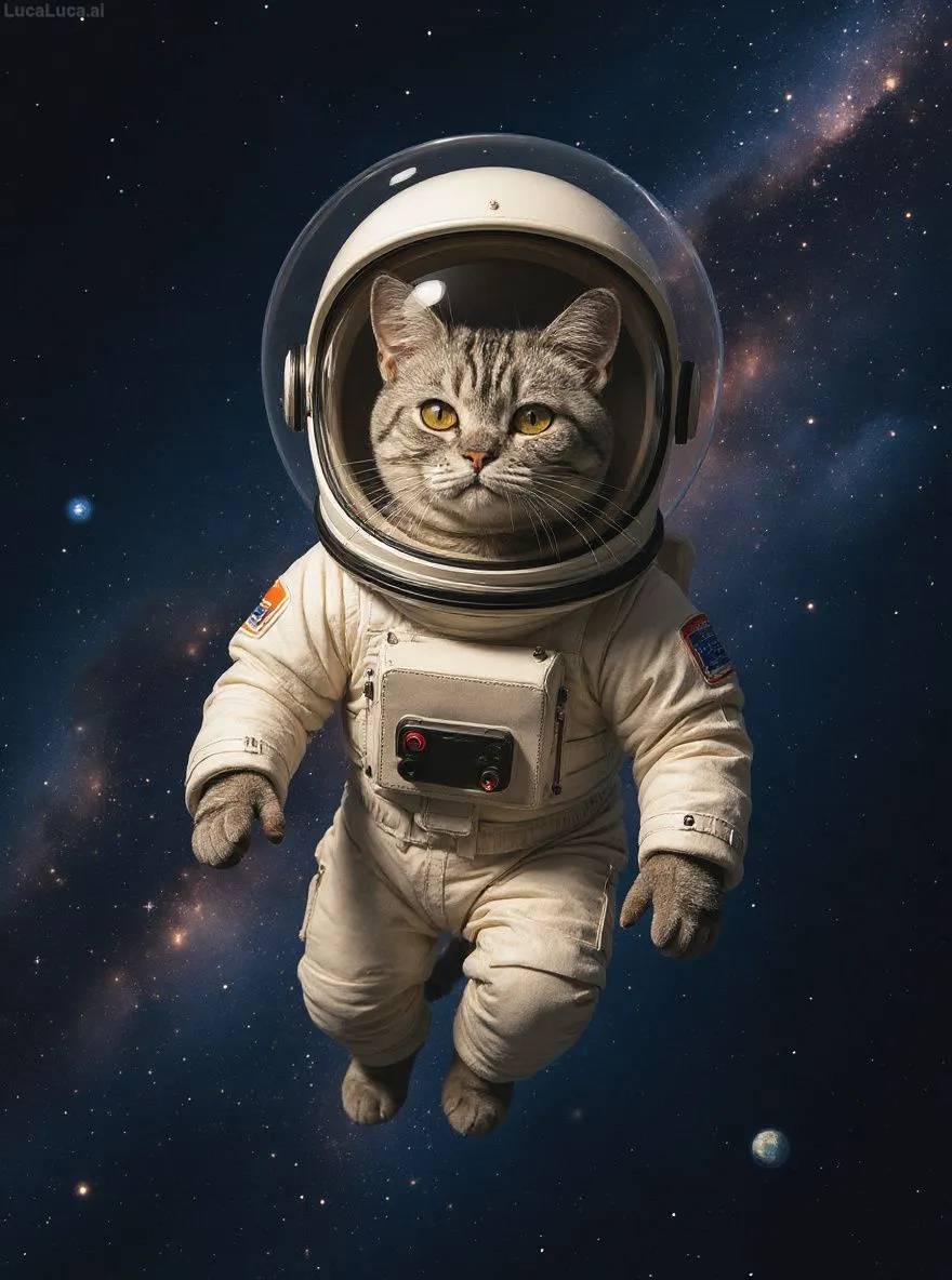 American Shorthair cat in a space suit floating in space with Earth in the background