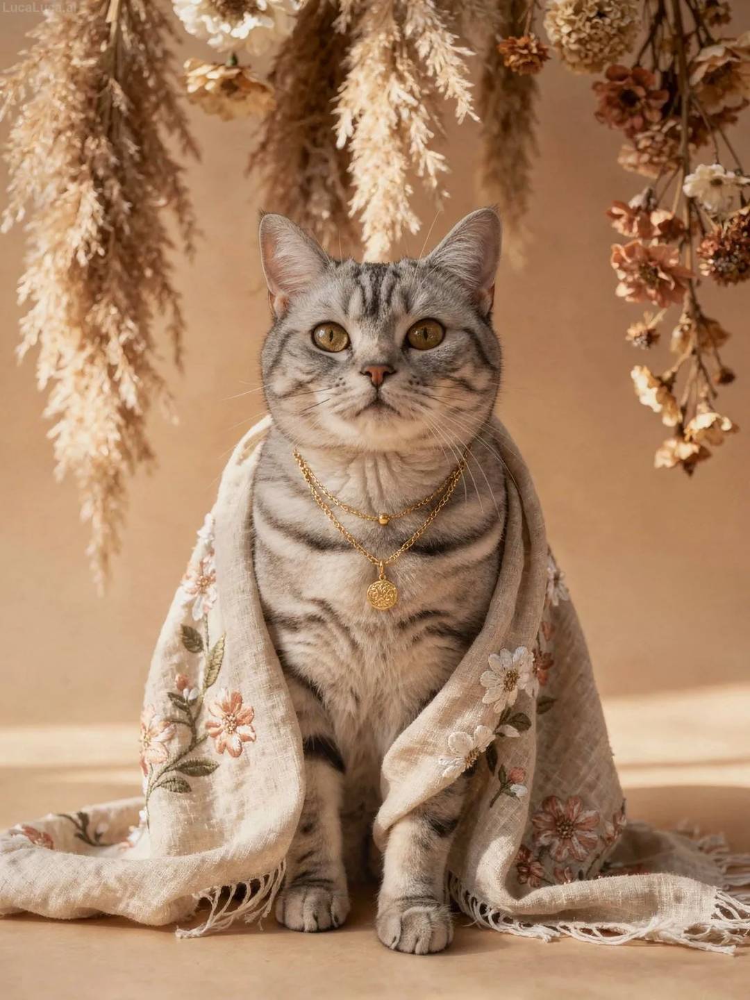 American Shorthair cat wearing a linen shawl with gold jewelry in a bohemian setting