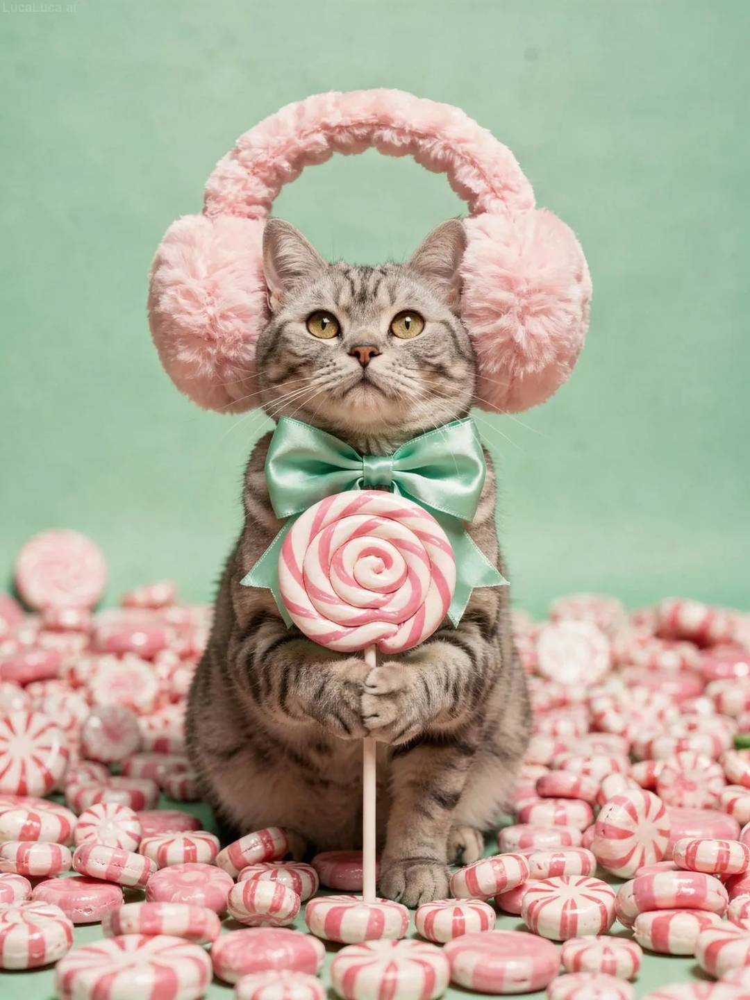 American Shorthair cat wearing pink earmuffs holding a swirl lollipop and peppermints