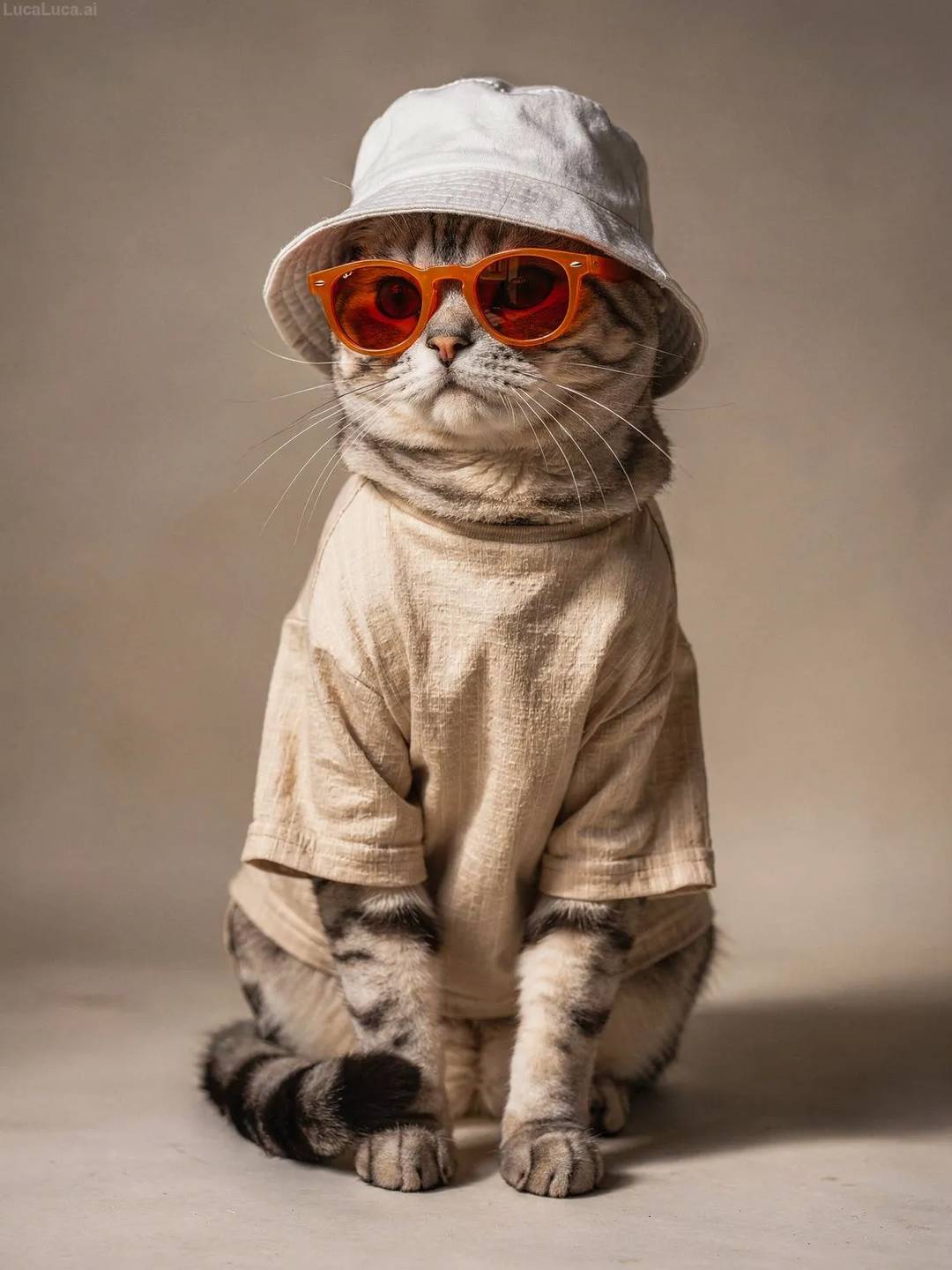 American Shorthair cat wearing a beige shirt, sunglasses, and bucket hat in studio lighting