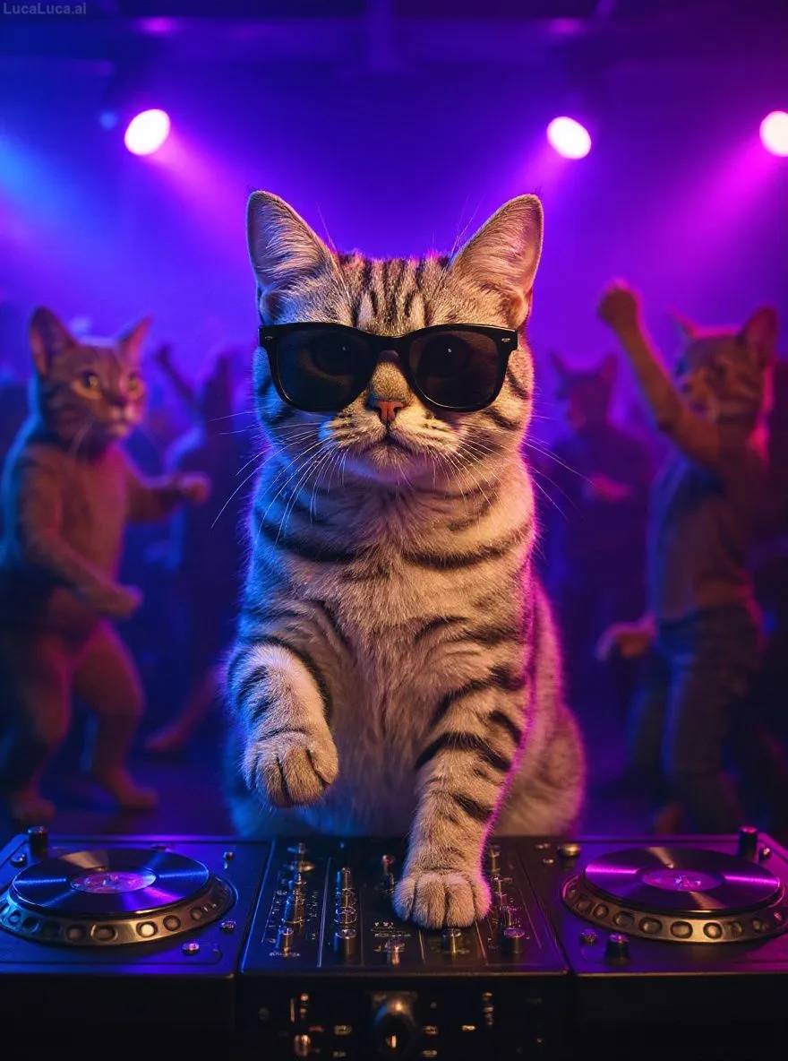 American Shorthair cat wearing sunglasses with paws on turntables at a nightclub