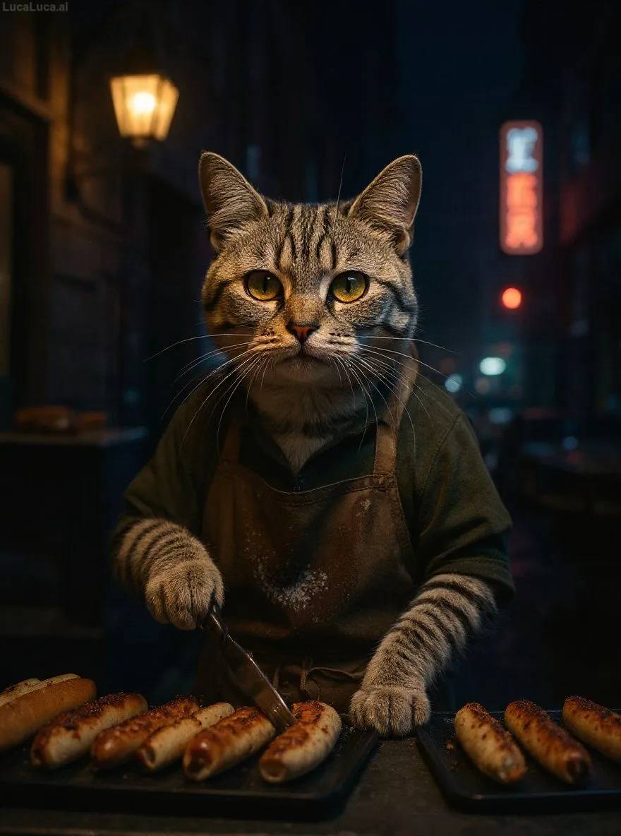 American Shorthair cat in a stained apron flipping hot dogs at a neon-lit food stand