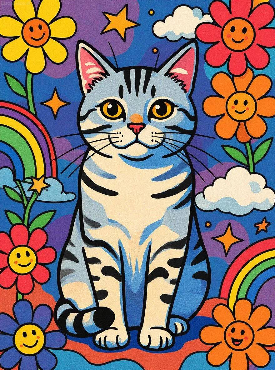 American Shorthair cat in Japanese pop art style with smiling flowers and bright colors