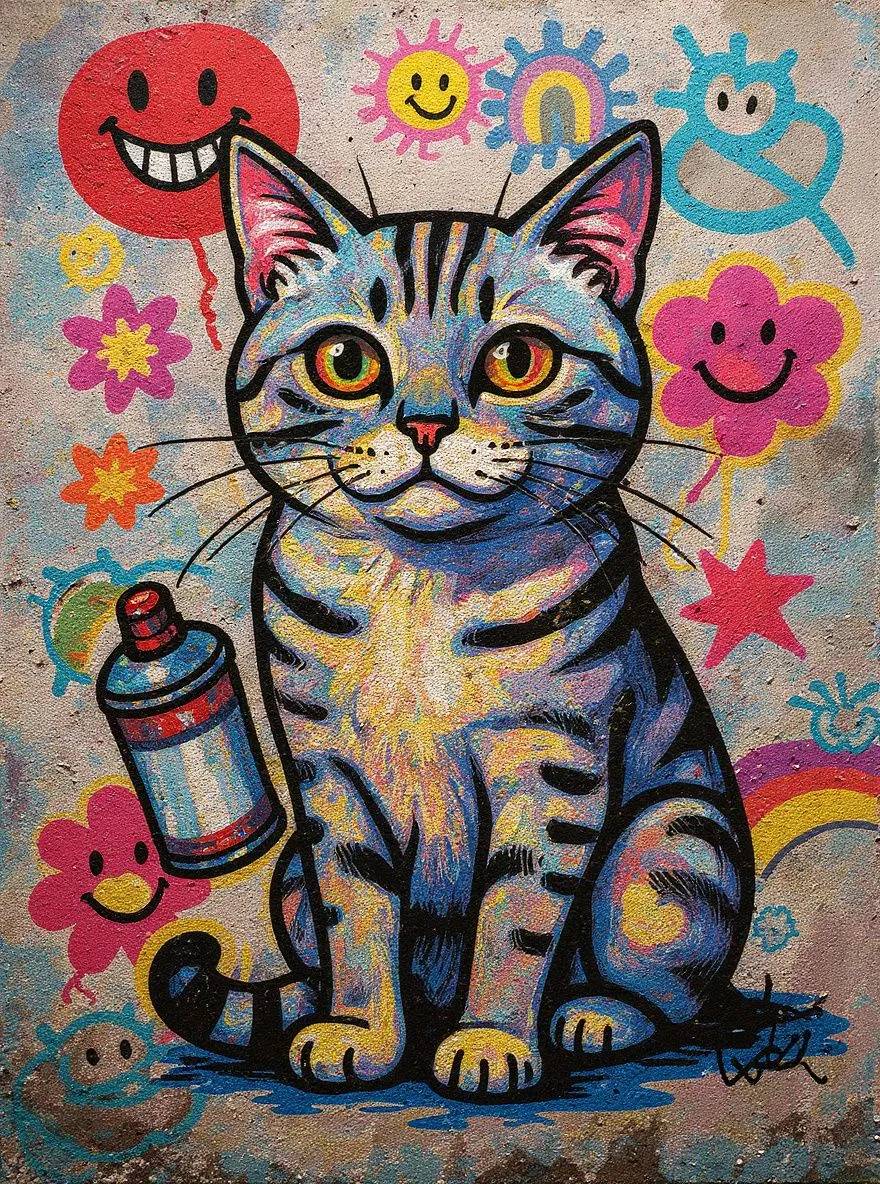 American Shorthair cat as street art combining graffiti style with pop art flowers