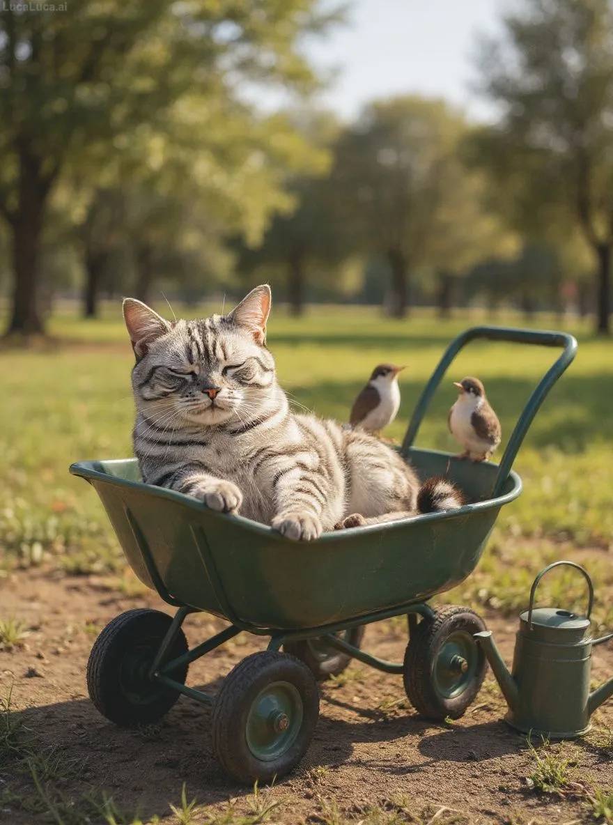 American Shorthair cat dozing in a wheelbarrow with a watering can nearby