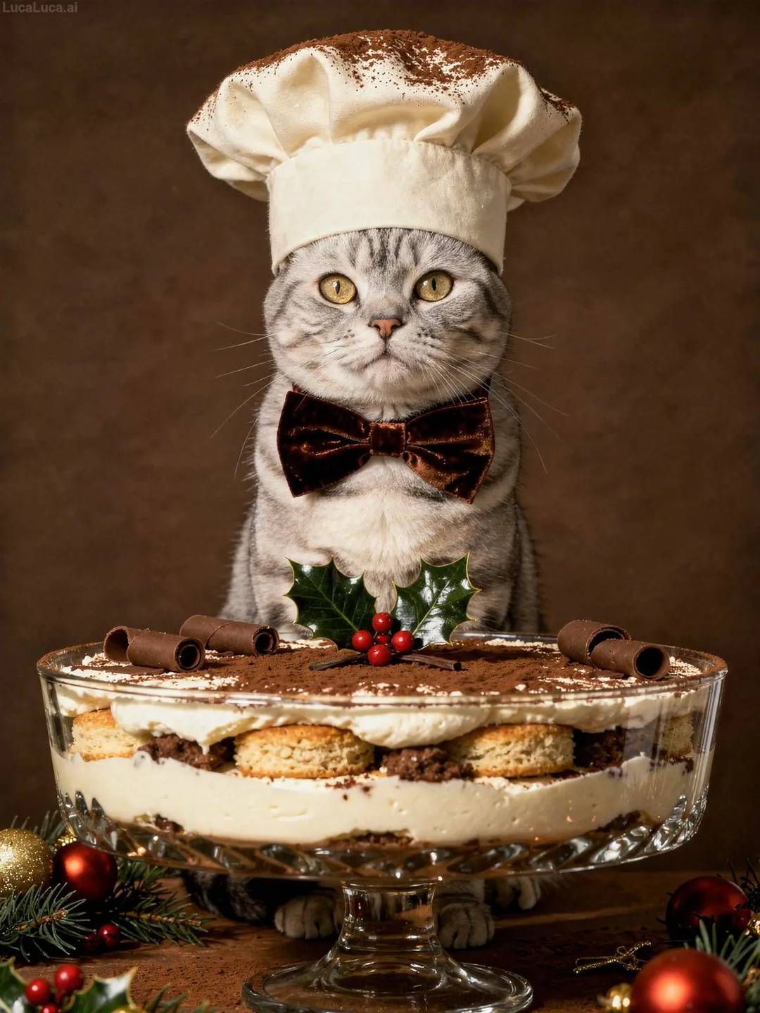 American Shorthair cat wearing a chef hat dusted with cocoa holding a tiramisu