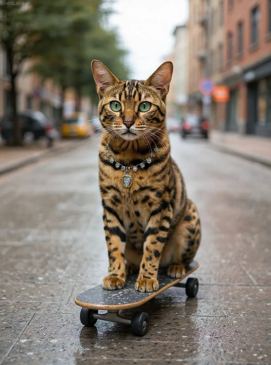 Bengal cat as a blinged-out skater cruising down a chrome street