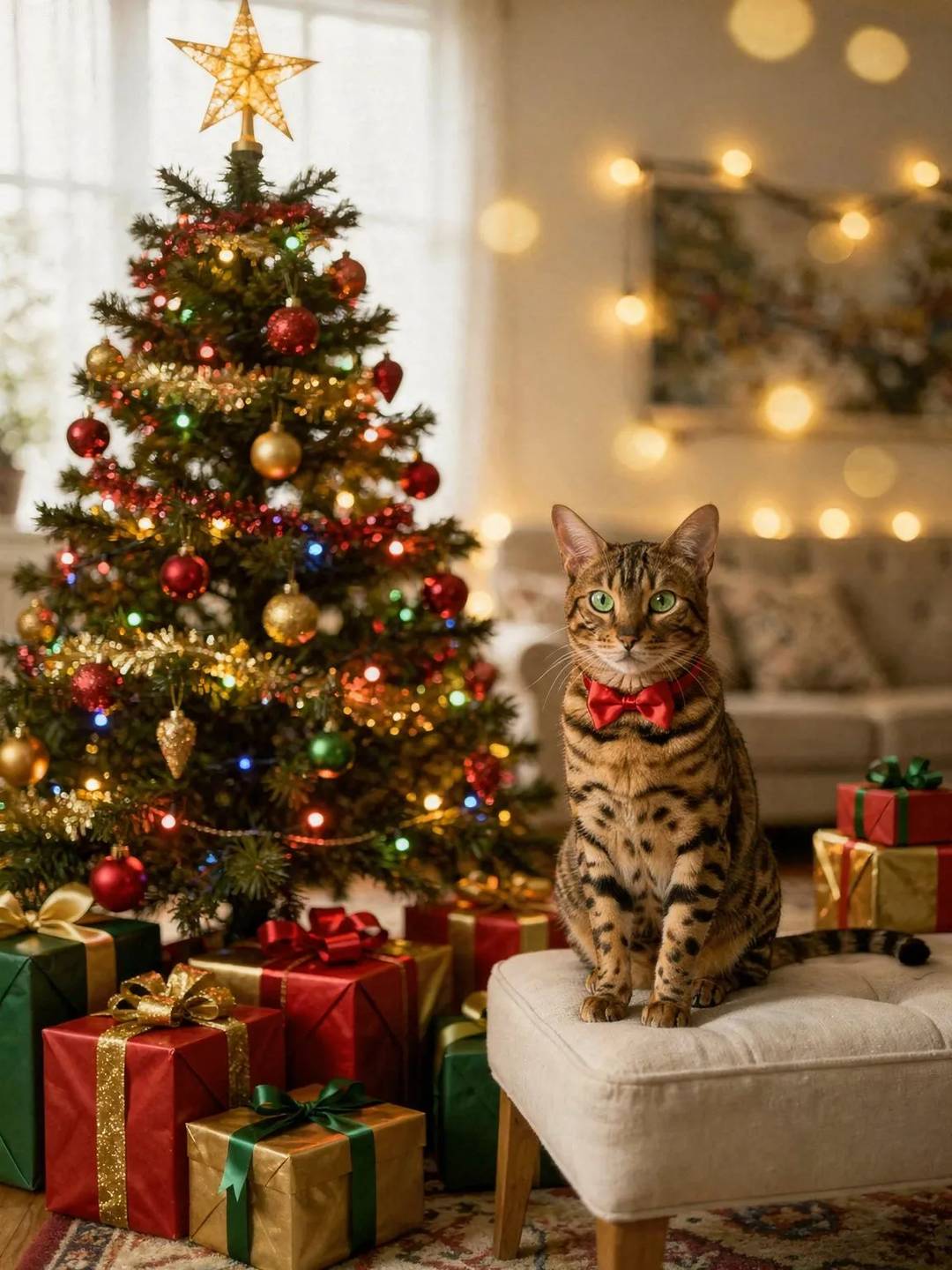 Bengal cat sitting beside a decorated Christmas tree with wrapped presents