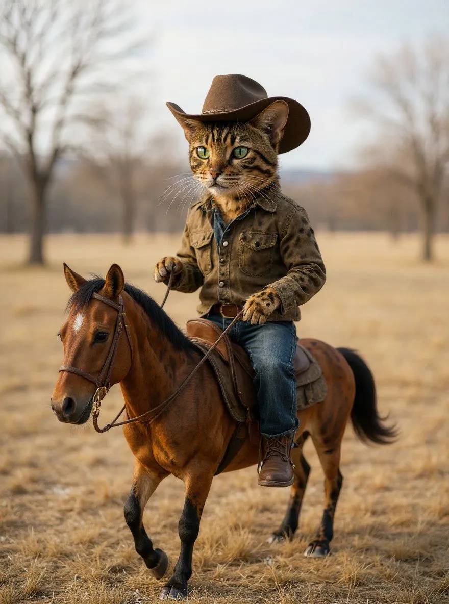 Bengal cat dressed as a cowboy riding a small horse