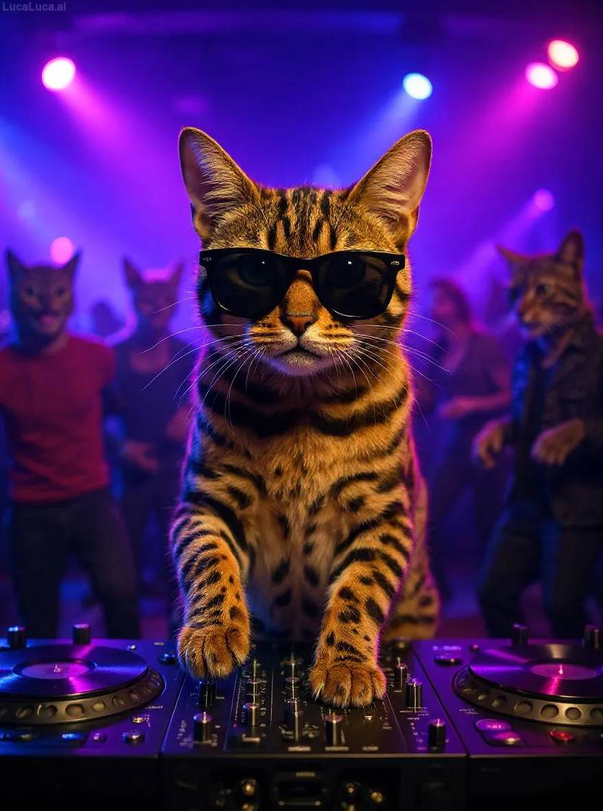 Bengal cat wearing sunglasses with paws on turntables at a nightclub