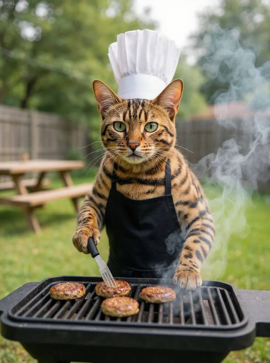 Bengal cat wearing an apron flipping burgers at a backyard barbecue
