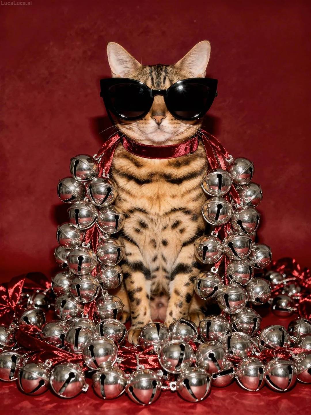 Bengal cat wearing black cat-eye sunglasses holding silver jingle bells