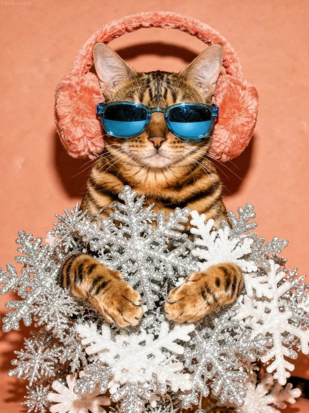 Bengal cat wearing blue sunglasses and coral earmuffs holding snowflake ornaments