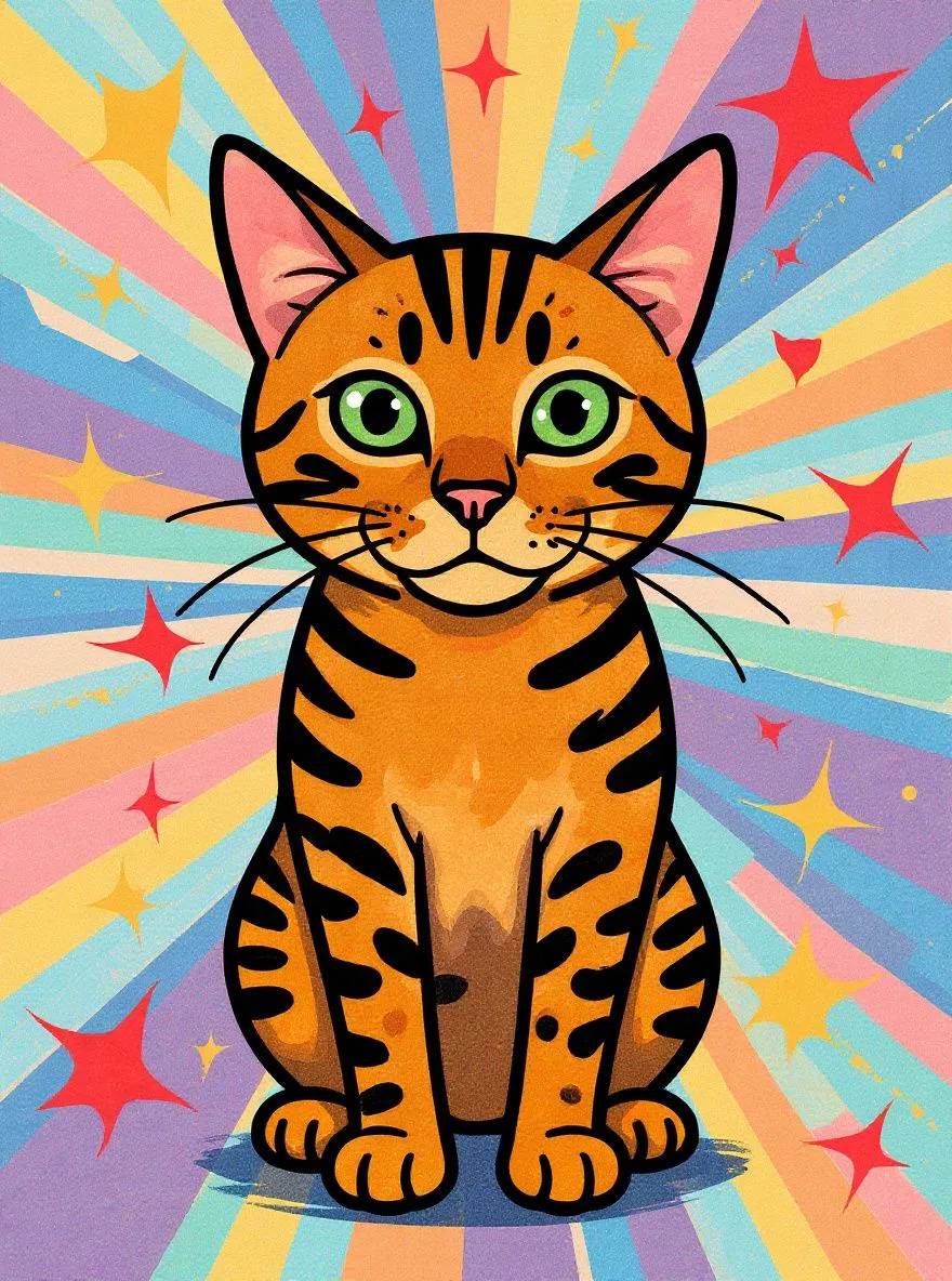 Bengal cat in cartoon style with bold outlines and energetic shapes