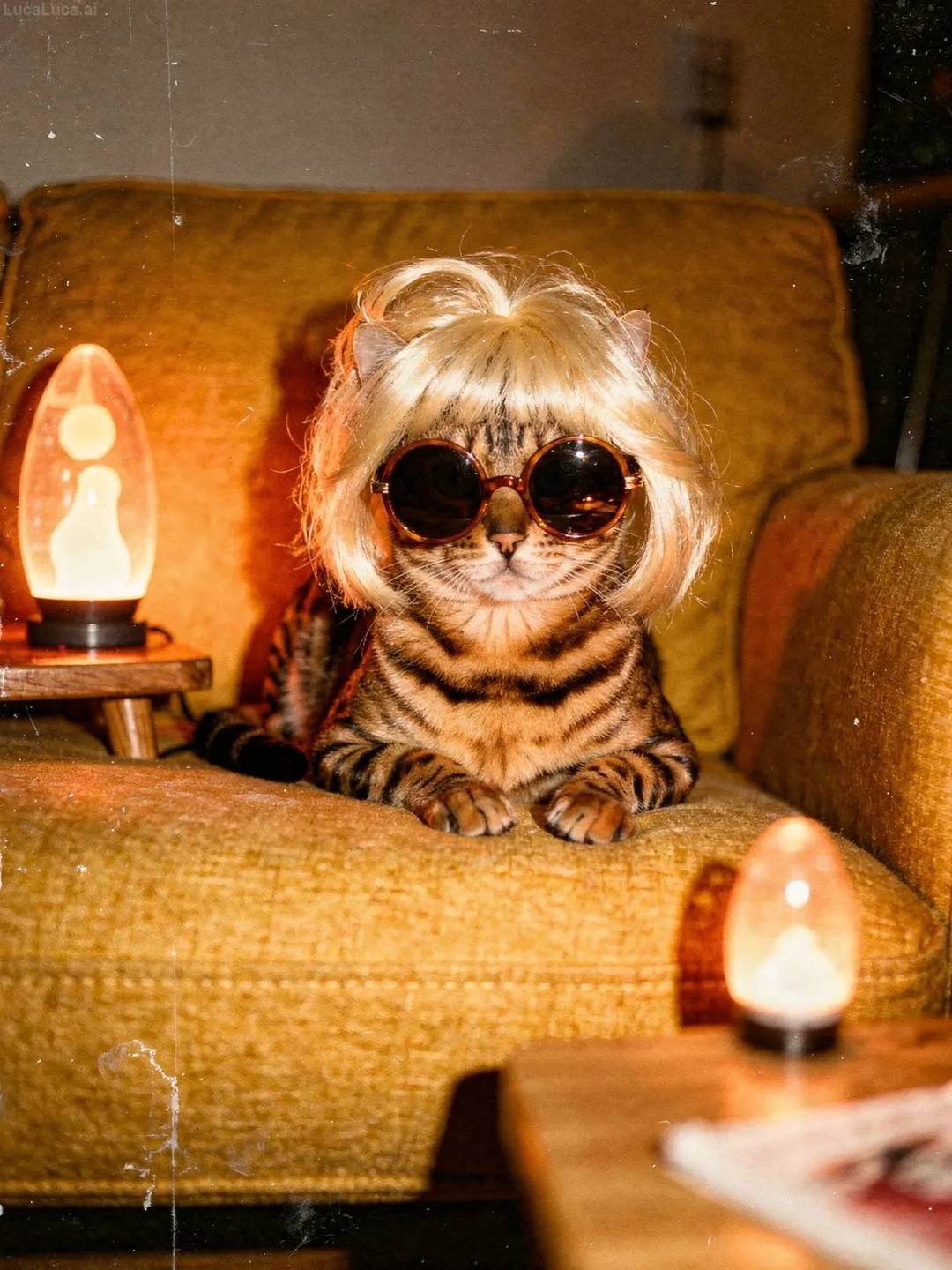 Bengal cat wearing a blonde wig and round sunglasses on a yellow sofa