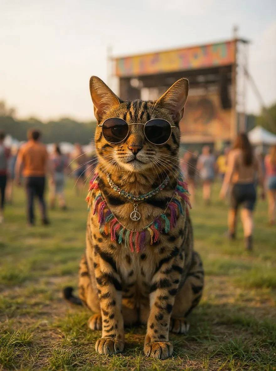 Bengal cat in hippie style with tie-dye and flower crown at a music festival