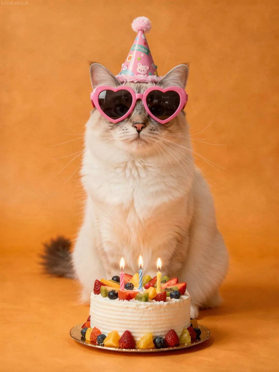 Birman cat wearing pink heart sunglasses and party hat with a fruit cake
