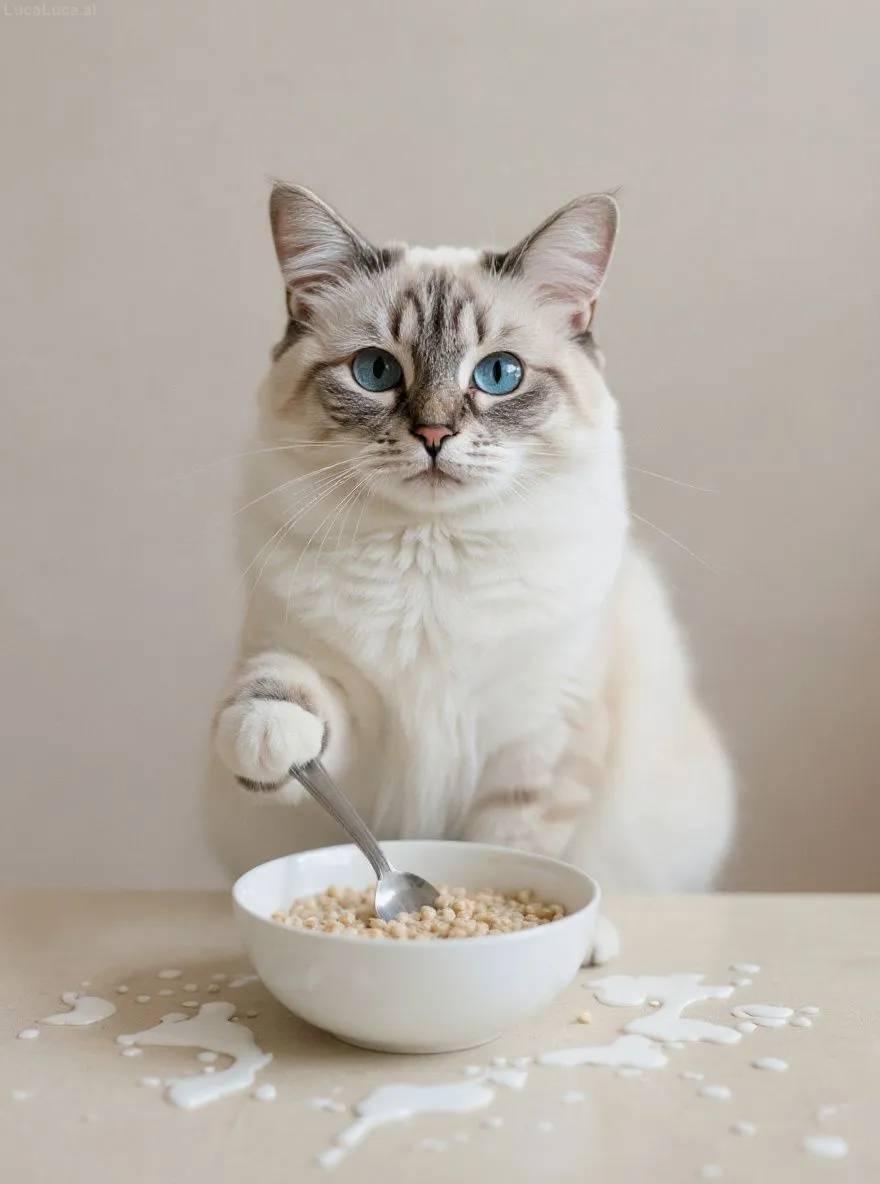 Birman cat sitting at a table with a bowl of cereal and spilled milk