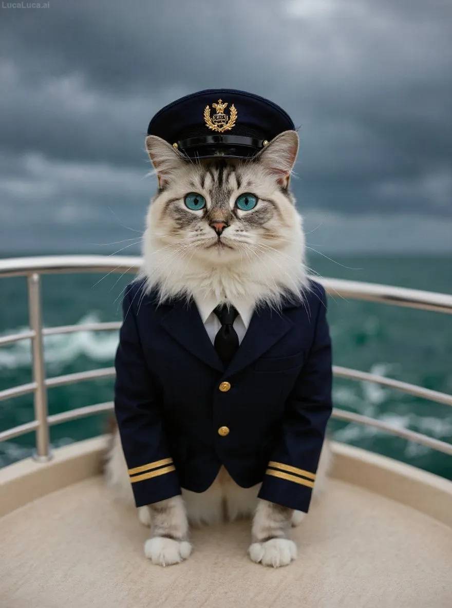 Birman cat in captain uniform on a boat deck during a storm
