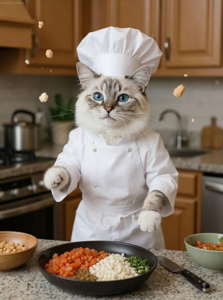 Birman cat wearing a chef hat and apron tossing ingredients in a kitchen