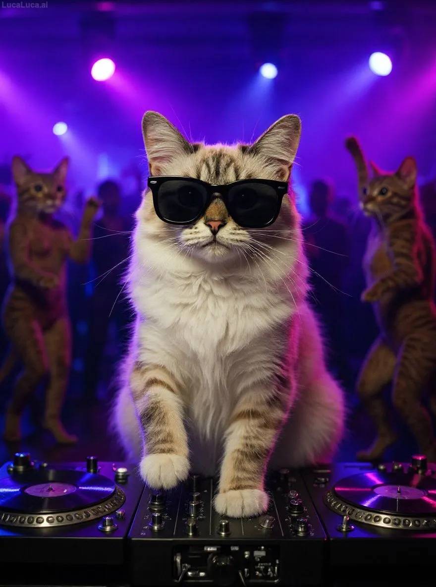 Birman cat wearing sunglasses with paws on turntables at a nightclub