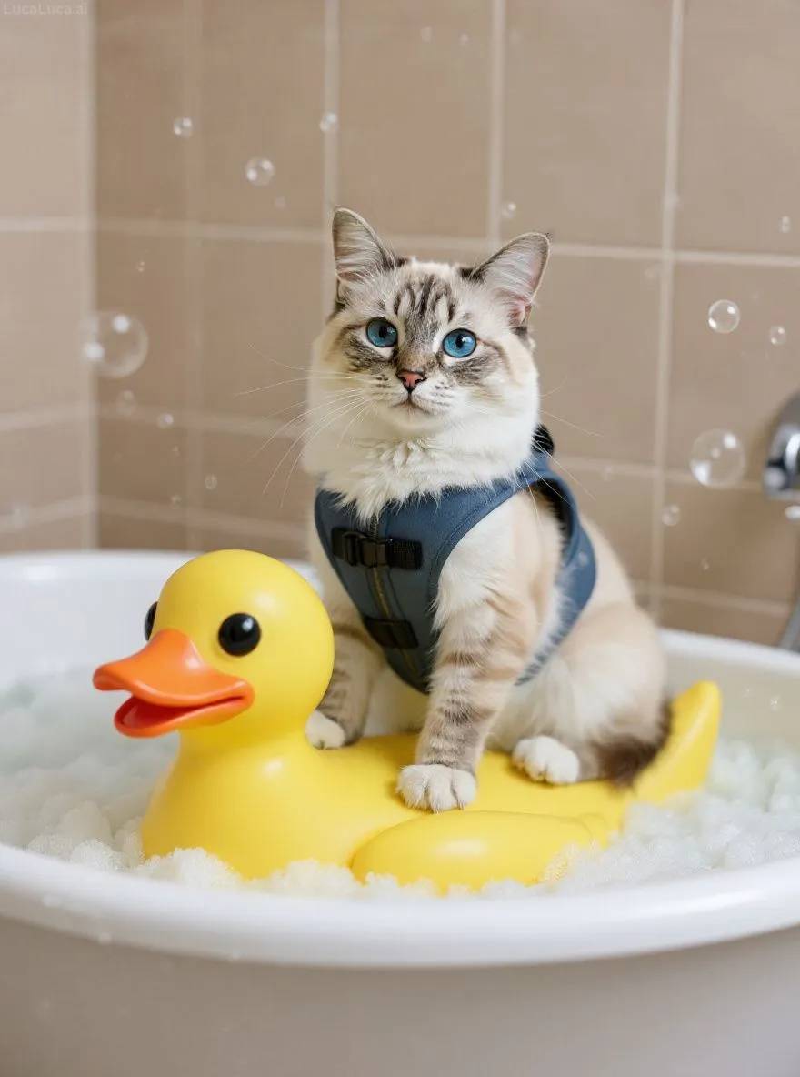 Birman cat wearing a tiny life jacket riding a giant rubber duck in bubbles