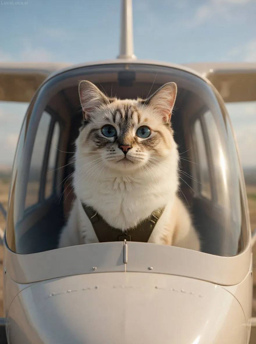 Birman cat in an airplane cockpit wearing aviator goggles