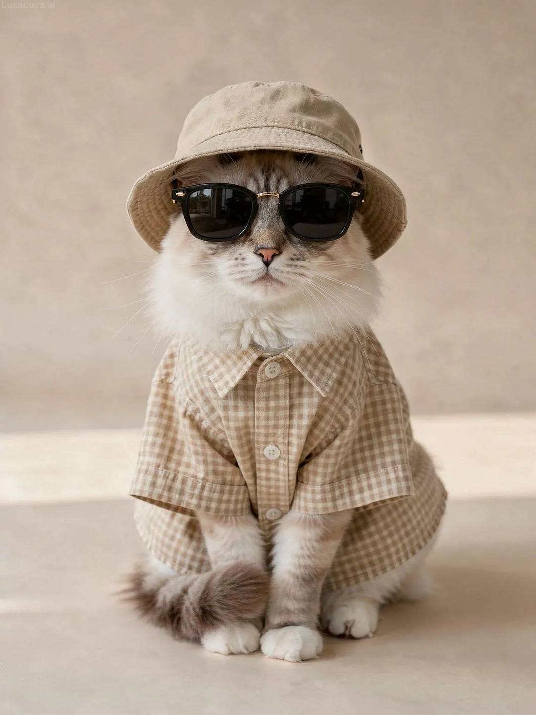 Birman cat wearing a checkered shirt, sunglasses, and bucket hat in studio