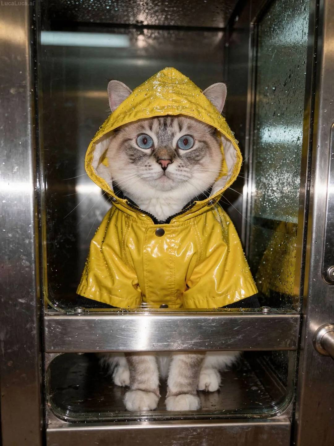 Birman cat wearing a yellow raincoat with the hood up