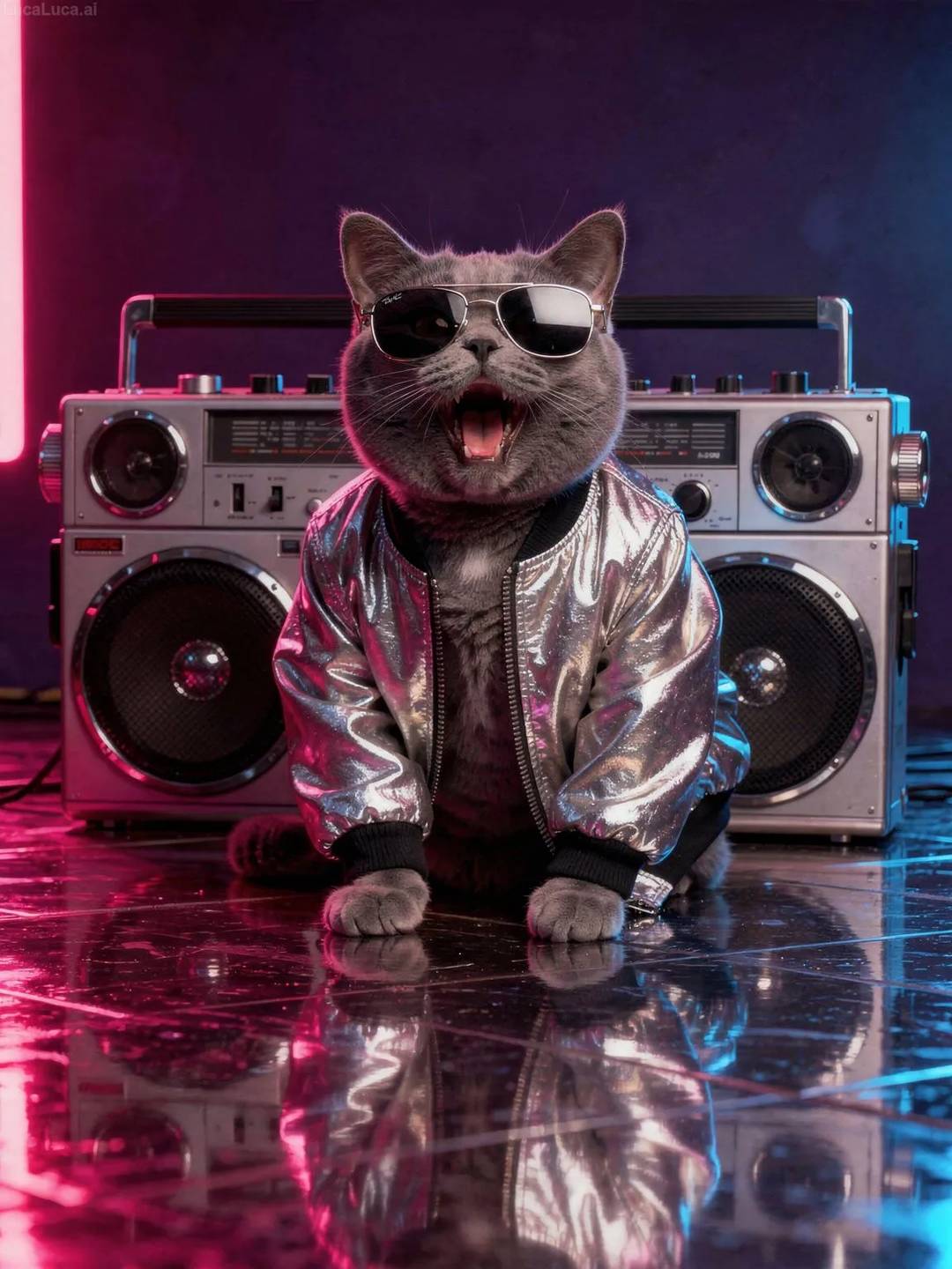 British Shorthair cat in a metallic silver bomber jacket next to a boombox with neon lighting