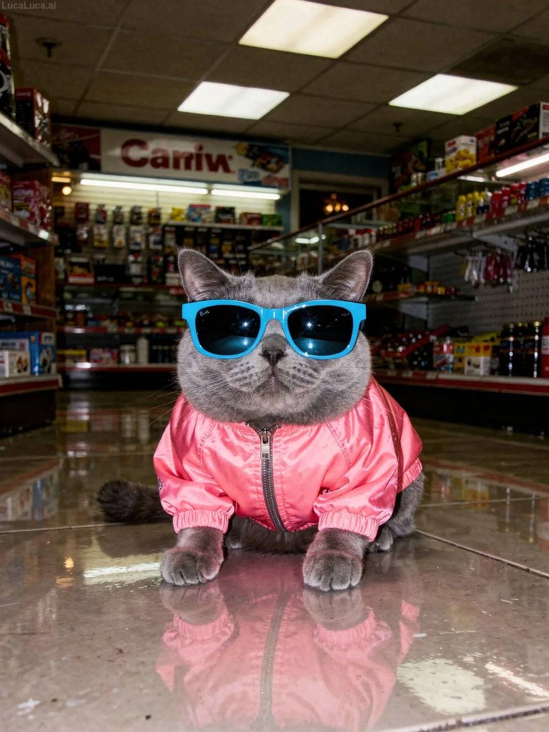 British Shorthair cat wearing a neon pink windbreaker and blue sunglasses at night