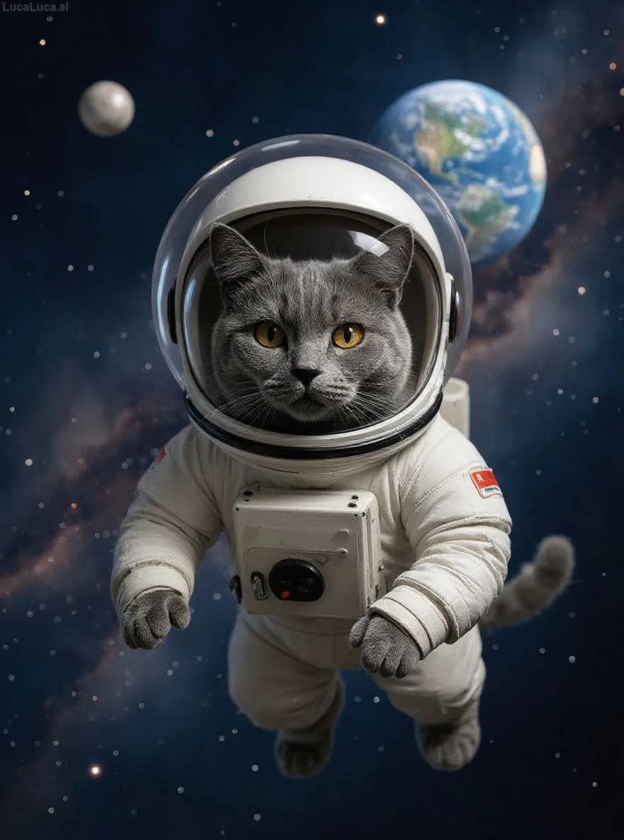 British Shorthair cat in a space suit floating in space with Earth in the background