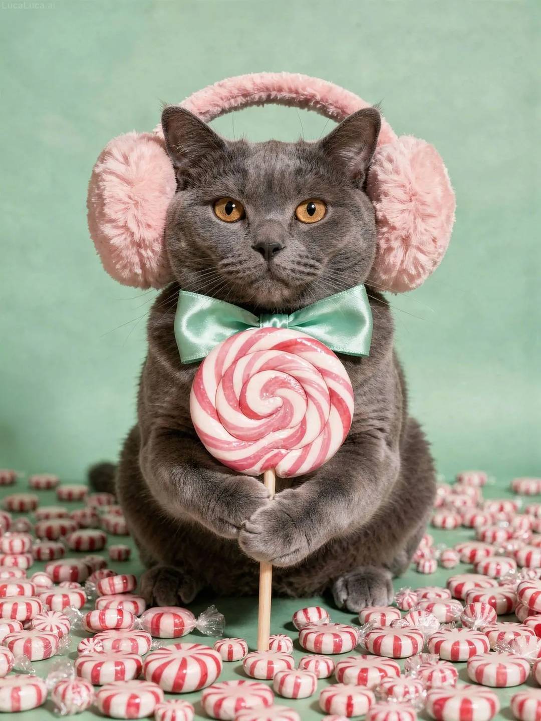British Shorthair cat wearing pink earmuffs holding a swirl lollipop and peppermints