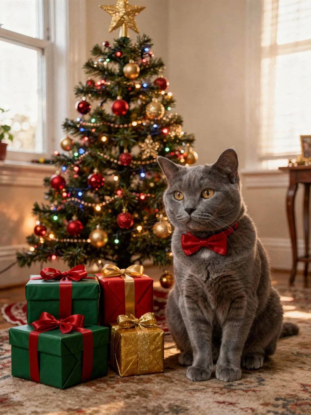 British Shorthair cat sitting beside a decorated Christmas tree with wrapped presents