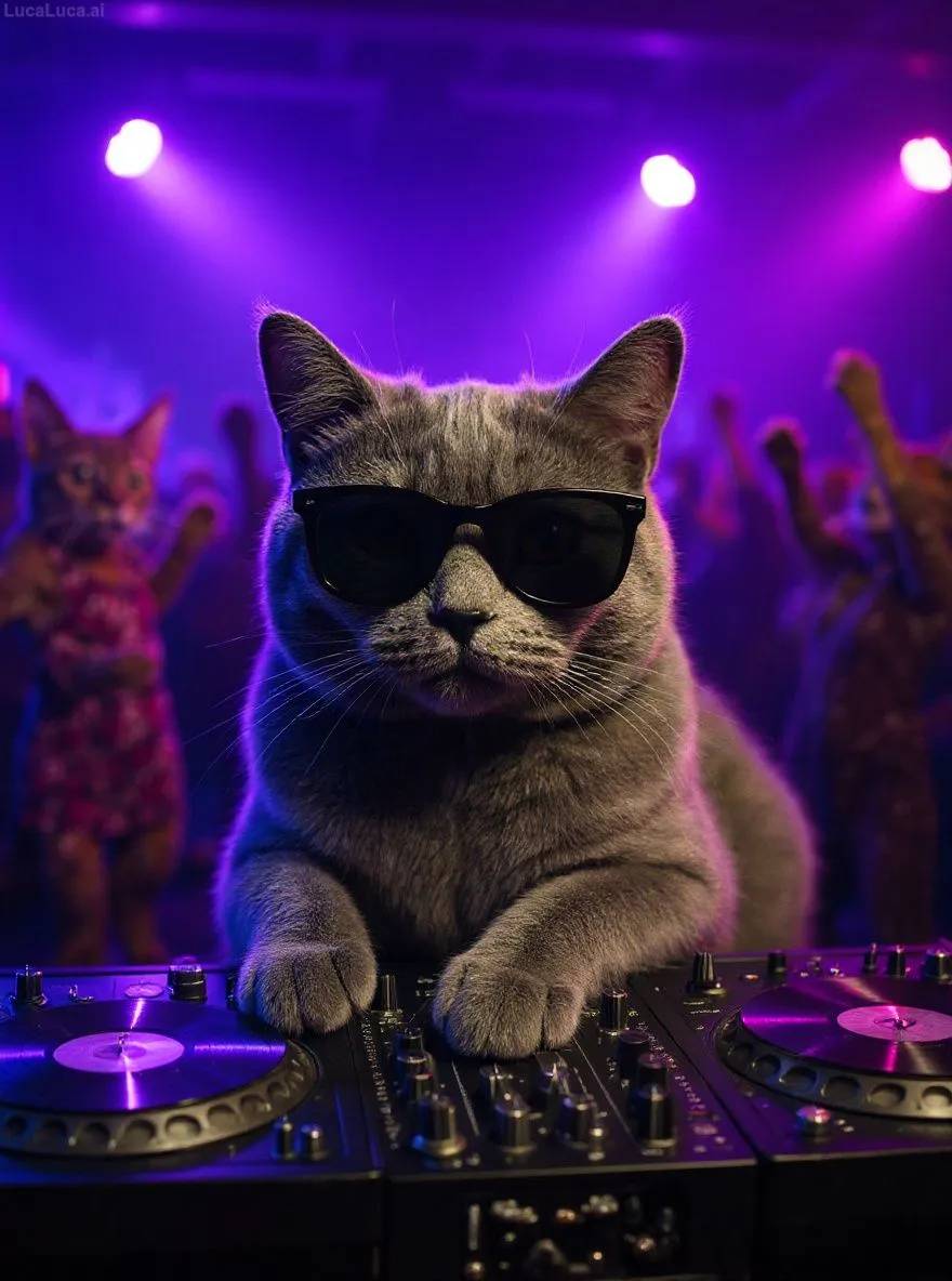 British Shorthair cat wearing sunglasses with paws on turntables at a nightclub