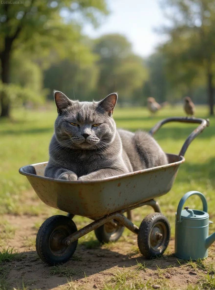British Shorthair cat dozing in a wheelbarrow with a watering can nearby