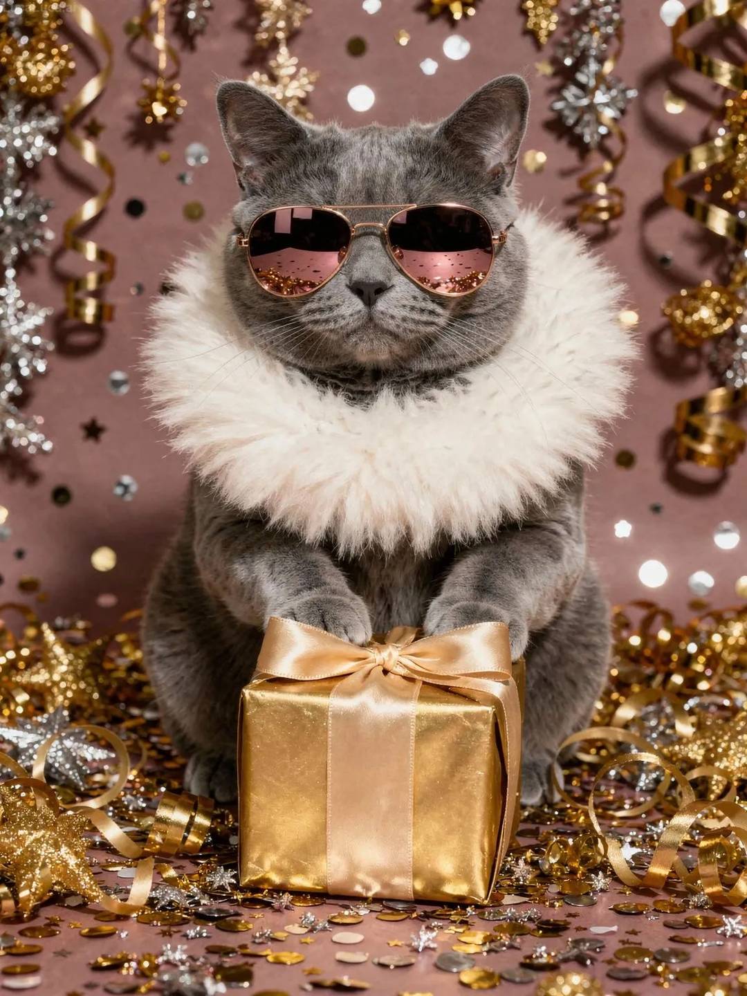 British Shorthair cat wearing rose gold sunglasses with gold confetti and gift boxes