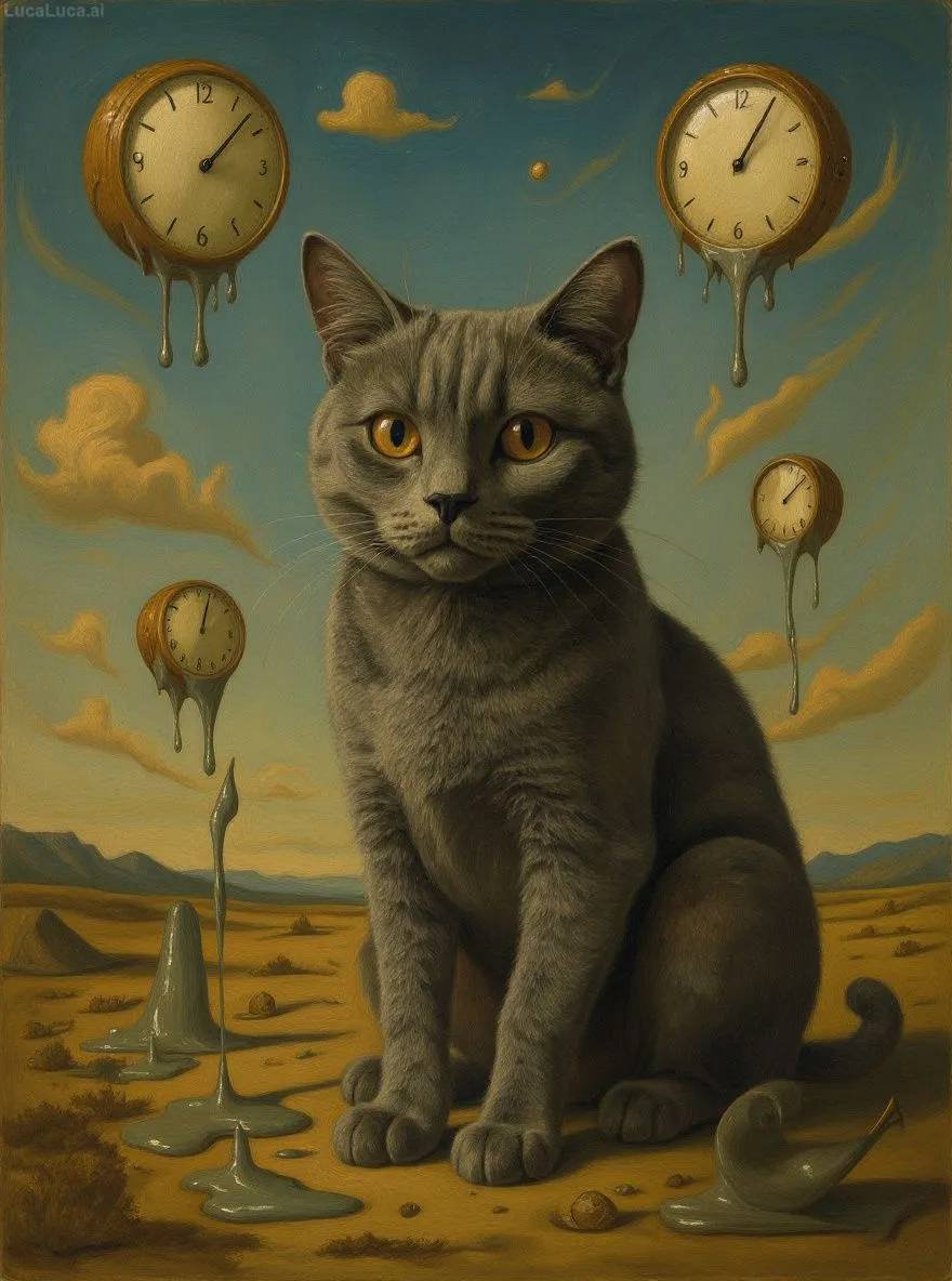 British Shorthair cat in surrealist style with melting clocks in a desert landscape