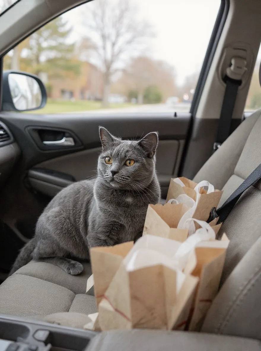 British Shorthair cat in a car passenger seat surrounded by takeout bags