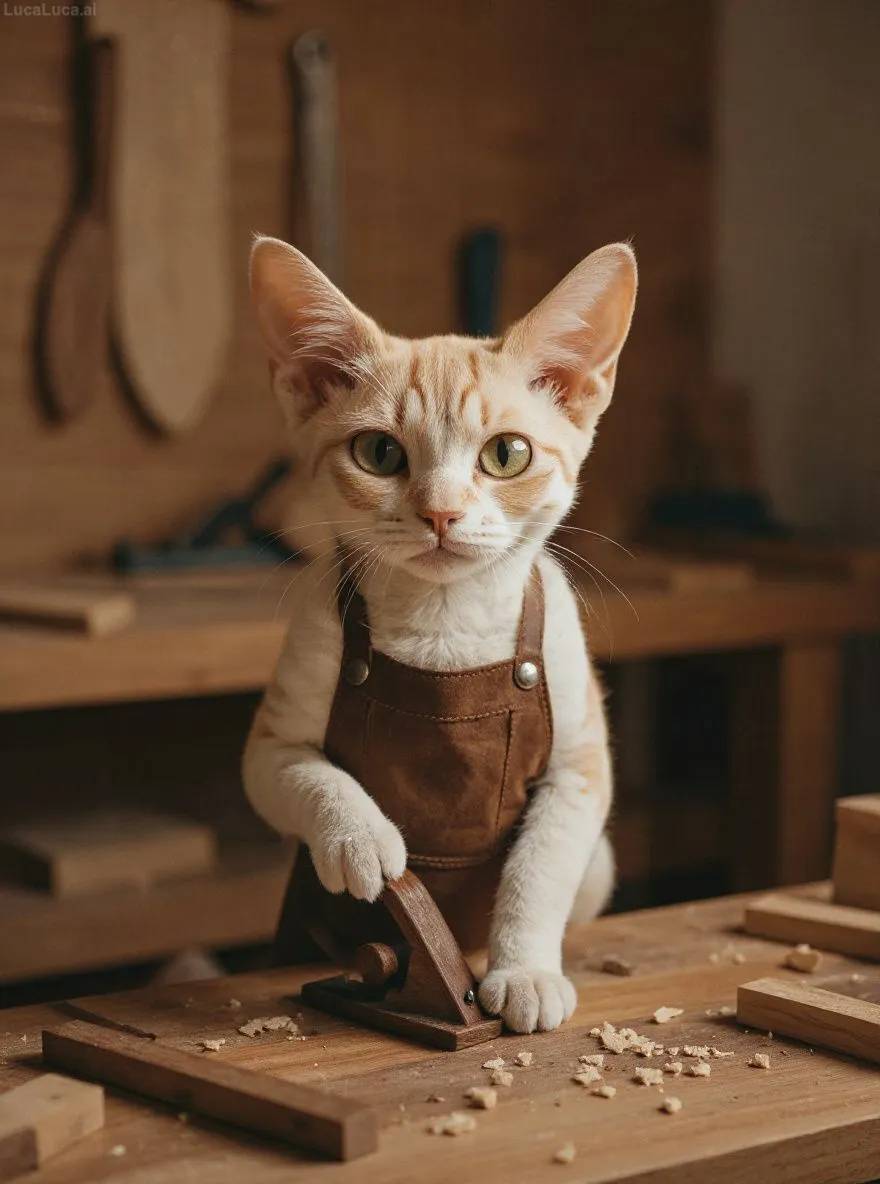 Devon Rex cat wearing a leather apron holding woodworking tools in a workshop